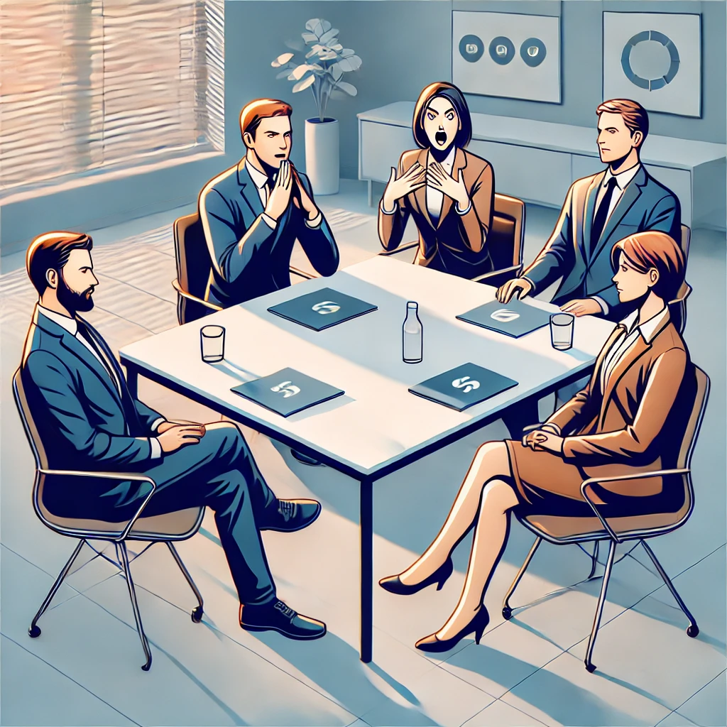 DALL·E 2025-02-17 17.21.03 - A modern business negotiation scene with four individuals sitting at a conference table, each representing a different social style. One person is ass